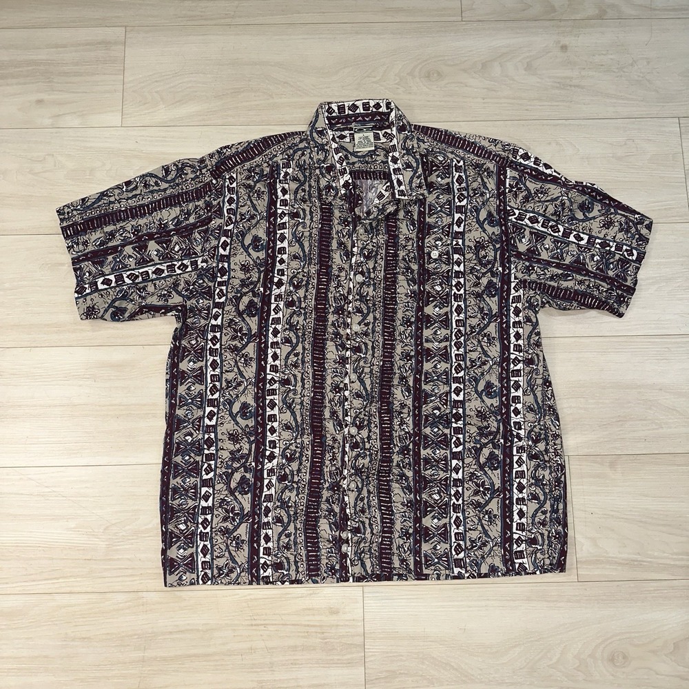 Vintage Ocean Pacific OP Shirt Mens Large Beige Hawaiian Floral Loop Collar